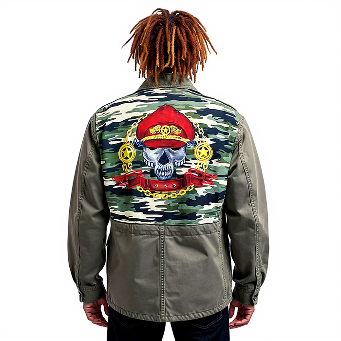Chaqueta militar personalizada con diseño de calavera.