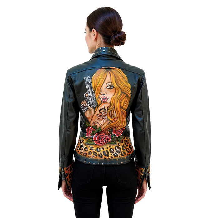 Chaqueta de cuero genuino pintada a mano con diseño de tatuaje