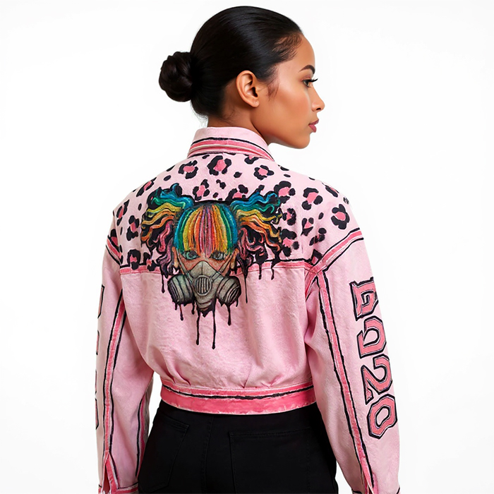 Chaqueta vaquera oversize rosa pintada a mano con diseño de los 2000