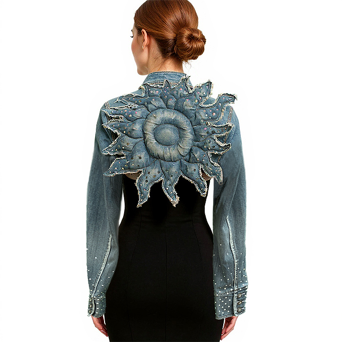Chaqueta vaquera reciclada con sol en la espalda.