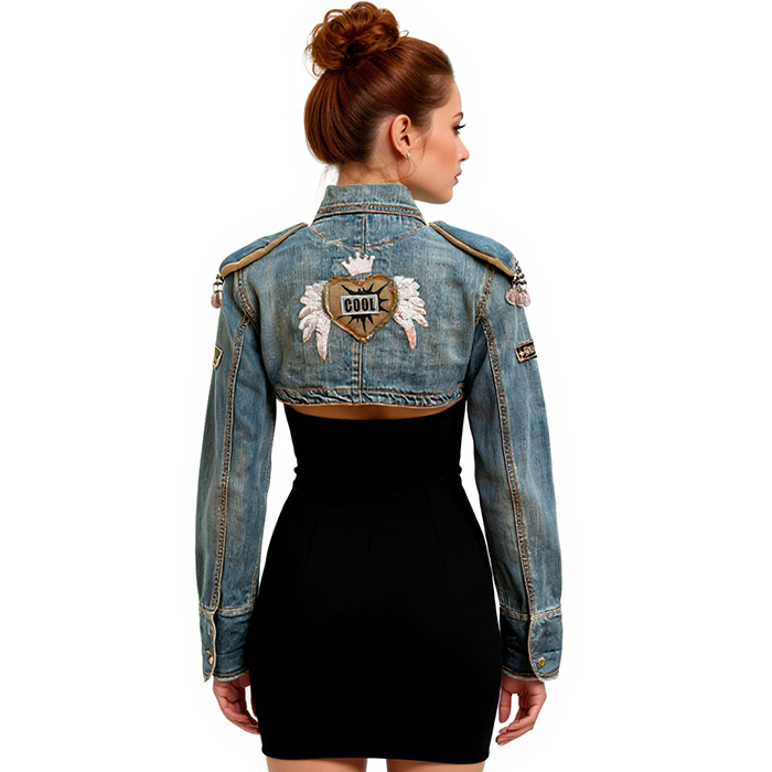 Chaqueta vaquera crop con diseño militar.