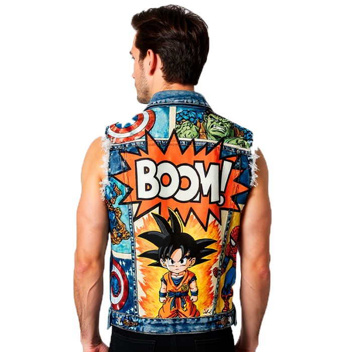 Chaleco vaquero pintado a mano con diseño de comics.