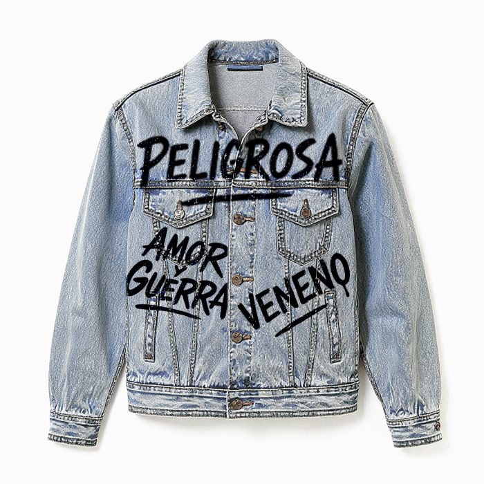 Chaqueta vaquera pintada a mano con diseño de mujer venenosa.