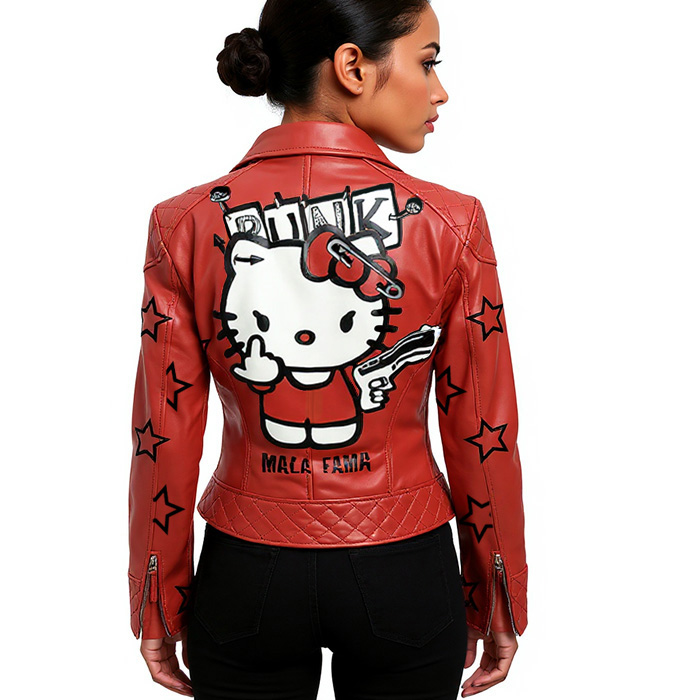 Chaqueta de piel roja con diseño de Kitty